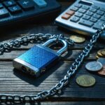 Vape device wrapped in a metal chain and padlock on a dark desk with scattered coins, dramatic side lighting, and blurred wallet and calculator in the background.