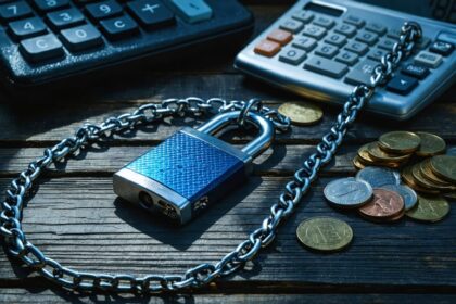 Vape device wrapped in a metal chain and padlock on a dark desk with scattered coins, dramatic side lighting, and blurred wallet and calculator in the background.