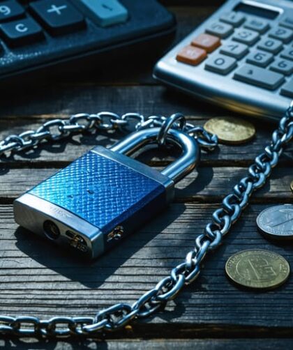 Vape device wrapped in a metal chain and padlock on a dark desk with scattered coins, dramatic side lighting, and blurred wallet and calculator in the background.