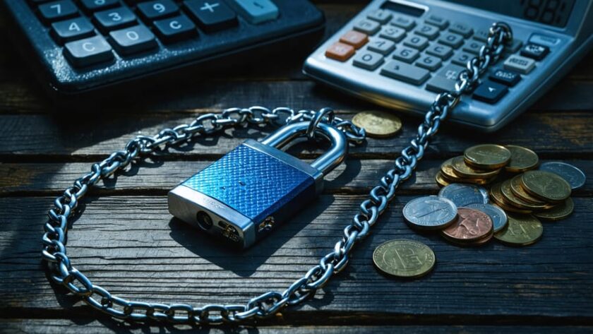 Vape device wrapped in a metal chain and padlock on a dark desk with scattered coins, dramatic side lighting, and blurred wallet and calculator in the background.