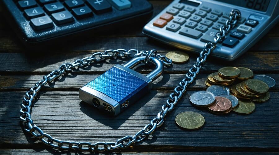 Vape device wrapped in a metal chain and padlock on a dark desk with scattered coins, dramatic side lighting, and blurred wallet and calculator in the background.