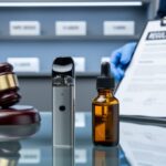 Stainless vape pod device and unlabeled amber e-liquid bottle on a glass counter with a blurred judge’s gavel, gloved hands, and sparse vape shop shelves in the background under cool blue-gray lighting.