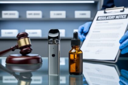 Stainless vape pod device and unlabeled amber e-liquid bottle on a glass counter with a blurred judge’s gavel, gloved hands, and sparse vape shop shelves in the background under cool blue-gray lighting.