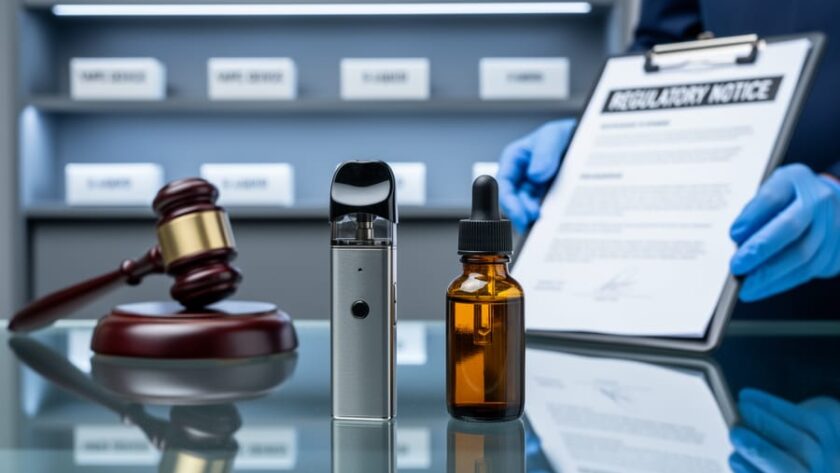 Stainless vape pod device and unlabeled amber e-liquid bottle on a glass counter with a blurred judge’s gavel, gloved hands, and sparse vape shop shelves in the background under cool blue-gray lighting.