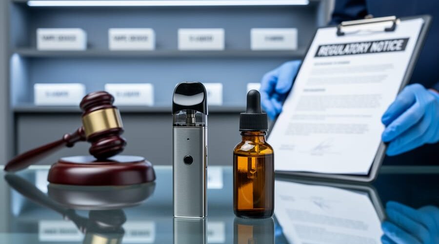 Stainless vape pod device and unlabeled amber e-liquid bottle on a glass counter with a blurred judge’s gavel, gloved hands, and sparse vape shop shelves in the background under cool blue-gray lighting.