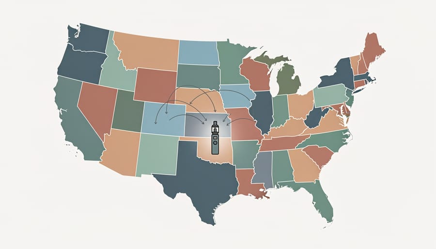 United States map puzzle showing disconnected pieces representing varying state regulations