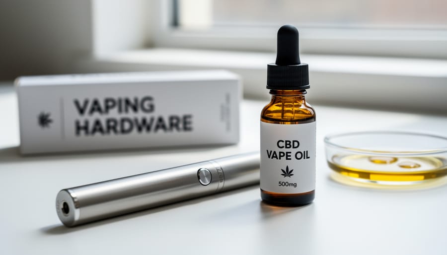 A CBD vape pen next to a glass bottle of CBD e-liquid on a dark countertop