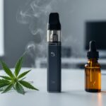 Close-up of a modern vape device emitting vapor on a clean surface with hemp leaves and a CBD dropper bottle in the background.
