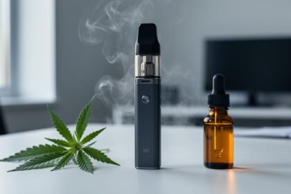 Close-up of a modern vape device emitting vapor on a clean surface with hemp leaves and a CBD dropper bottle in the background.