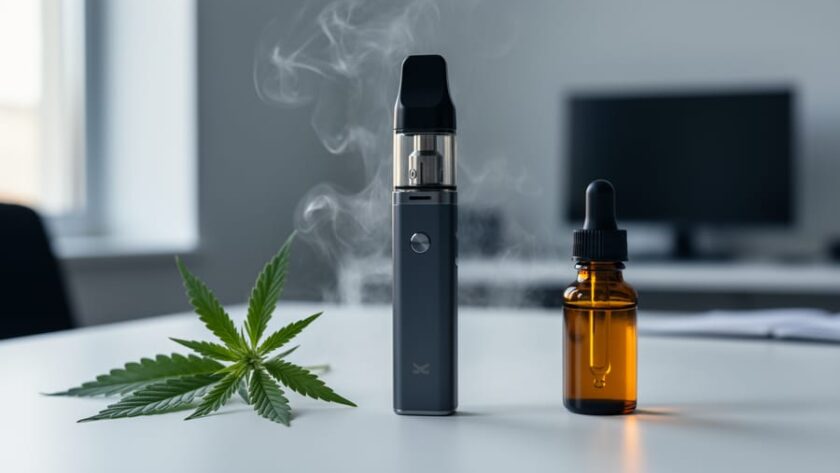 Close-up of a modern vape device emitting vapor on a clean surface with hemp leaves and a CBD dropper bottle in the background.