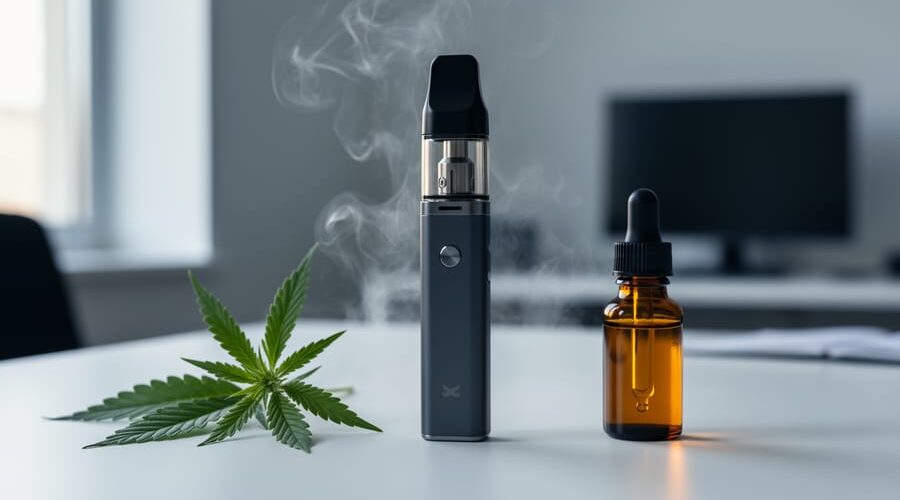 Close-up of a modern vape device emitting vapor on a clean surface with hemp leaves and a CBD dropper bottle in the background.