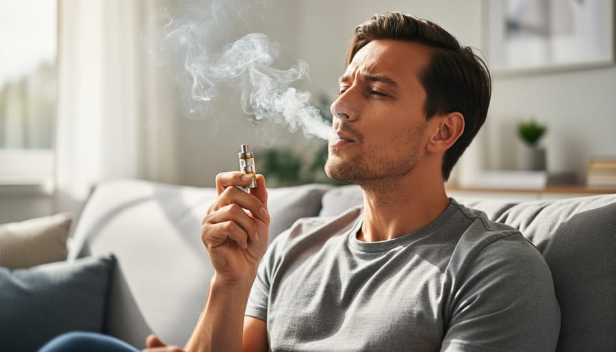 Person holding a vape device with a gentle vapor cloud near their face