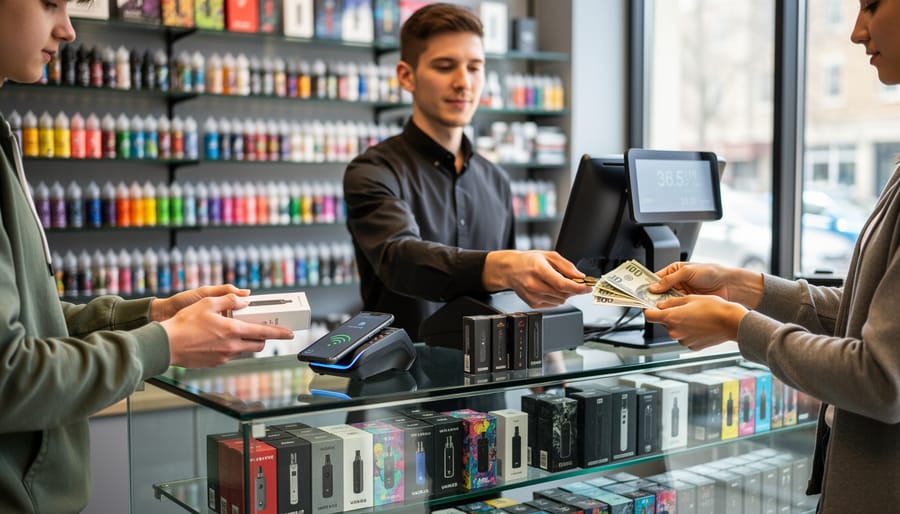 Credit card and receipt holder on a vape shop counter with blurred display case in the background.