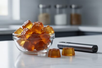 Close-up of hemp-derived THC gummies in a glass bowl next to an unbranded vape device on a clean countertop.