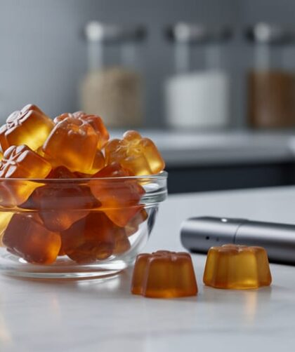 Close-up of hemp-derived THC gummies in a glass bowl next to an unbranded vape device on a clean countertop.