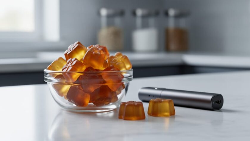 Close-up of hemp-derived THC gummies in a glass bowl next to an unbranded vape device on a clean countertop.