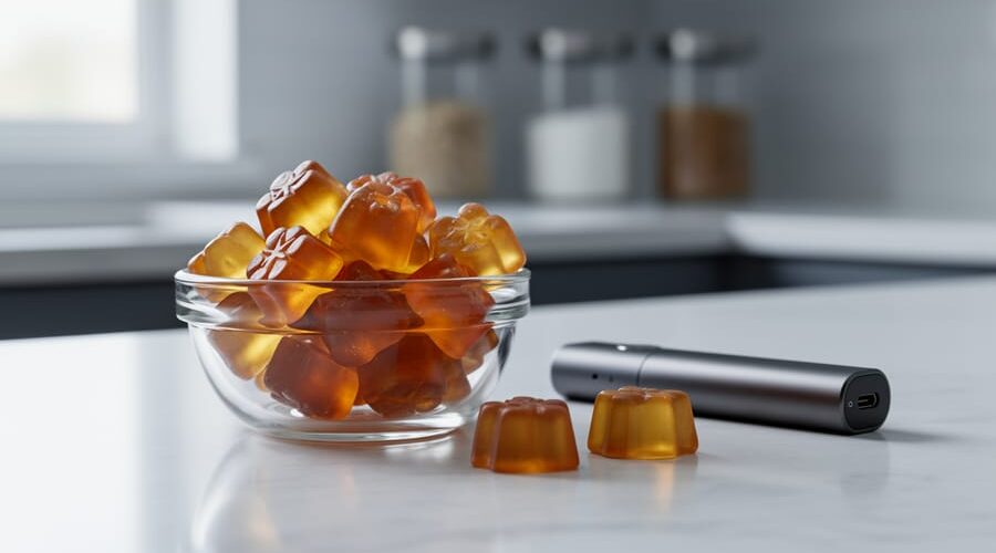Close-up of hemp-derived THC gummies in a glass bowl next to an unbranded vape device on a clean countertop.