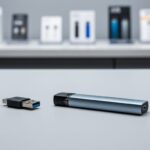 Close-up of a compact vape device next to a USB charger on a clean tabletop with a softly blurred retail background.