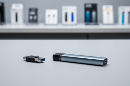 Close-up of a compact vape device next to a USB charger on a clean tabletop with a softly blurred retail background.