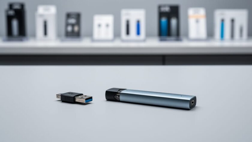 Close-up of a compact vape device next to a USB charger on a clean tabletop with a softly blurred retail background.