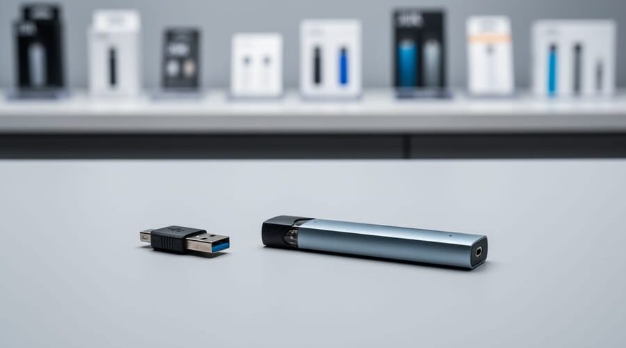Close-up of a compact vape device next to a USB charger on a clean tabletop with a softly blurred retail background.