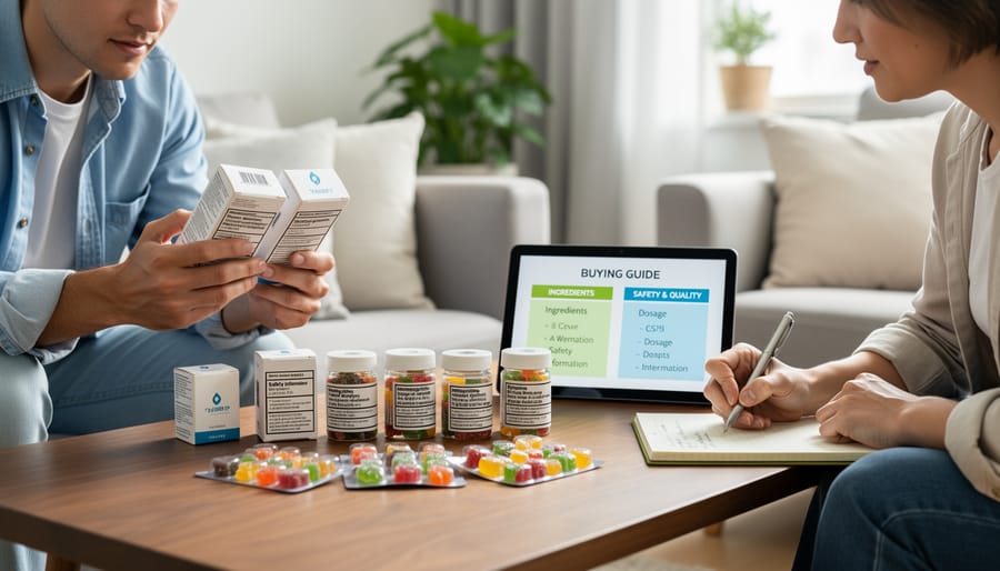 People discussing a vape device and gummy products at a table in a cozy living room