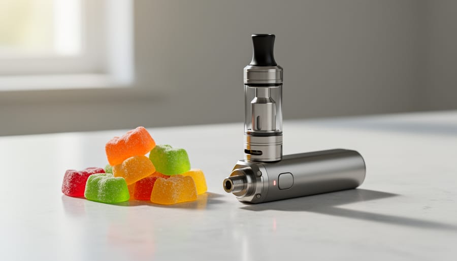 Vape device placed beside gummy-shaped candies on a clean countertop