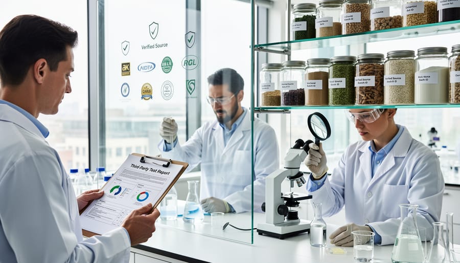 Desk scene showing a sealed CBD capsule bottle and lab-like testing items without readable text