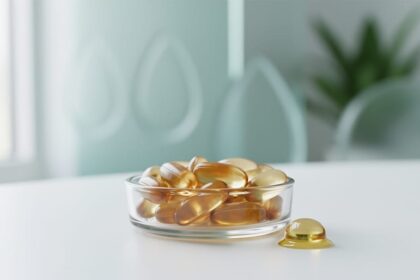Close-up of CBD gel capsules in a glass dish on a clean surface, photographed in soft natural light with a blurred green plant background.