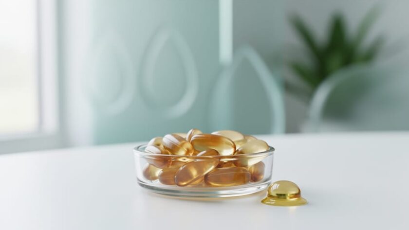 Close-up of CBD gel capsules in a glass dish on a clean surface, photographed in soft natural light with a blurred green plant background.