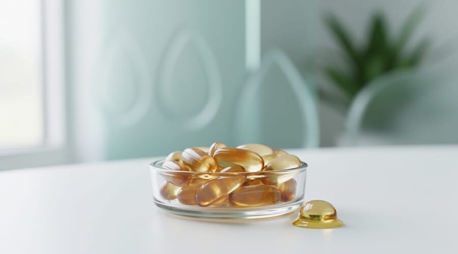 Close-up of CBD gel capsules in a glass dish on a clean surface, photographed in soft natural light with a blurred green plant background.