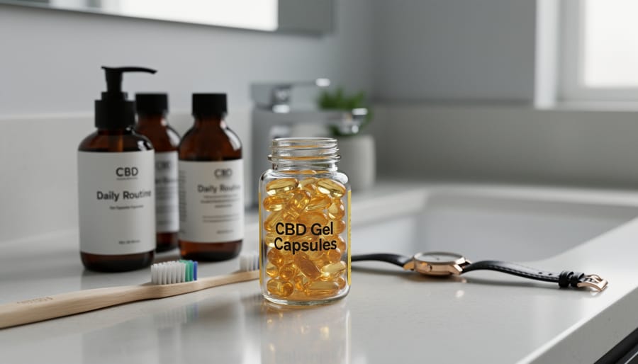 Person placing CBD gel capsules into a small daily organizer next to a water bottle