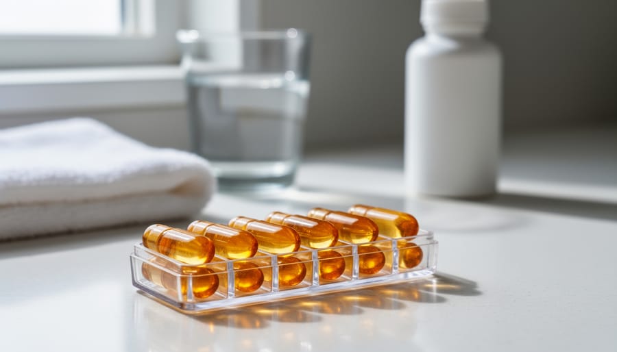 Close-up of a hand holding translucent CBD gel capsules on a clean white surface