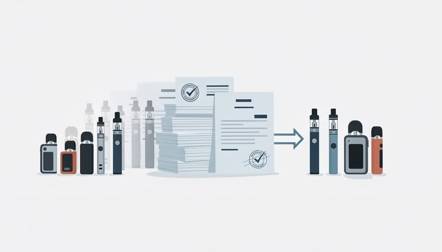 Close-up of a hand holding a vape product case above blurred regulatory paperwork on a desk.