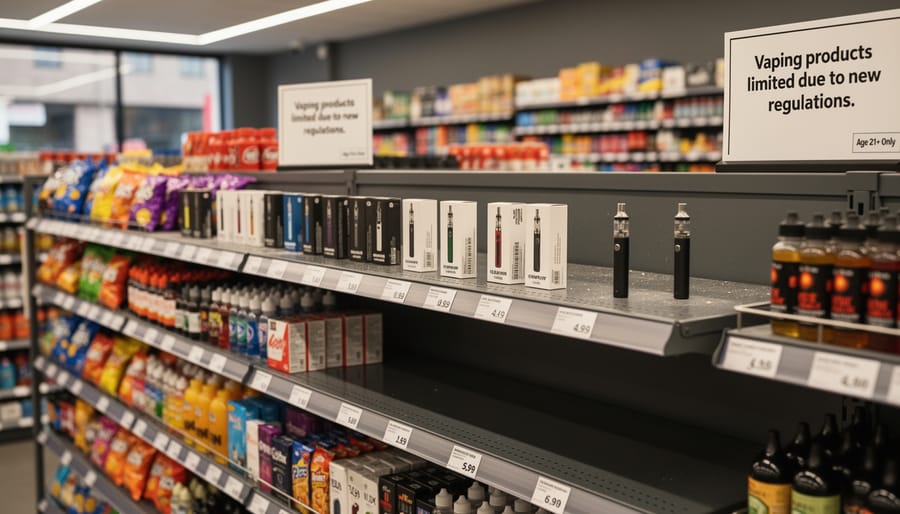 A nearly empty vape retail shelf with a shopping cart in the foreground and vape products remaining farther back.