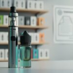 A modern vape device and e-liquid bottle on a retail counter with blurred vape shelves in the background, illustrating changing availability due to enforcement updates.