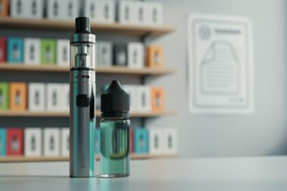 A modern vape device and e-liquid bottle on a retail counter with blurred vape shelves in the background, illustrating changing availability due to enforcement updates.