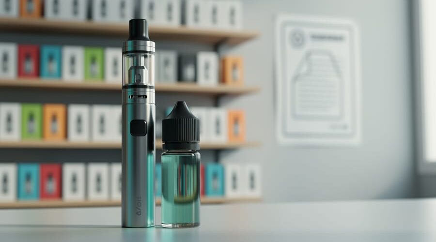 A modern vape device and e-liquid bottle on a retail counter with blurred vape shelves in the background, illustrating changing availability due to enforcement updates.