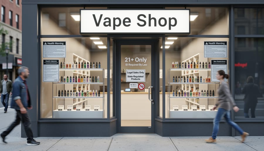 A vape shop storefront at dusk with vaping products visible behind a reflective display window.
