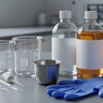Close-up of a clean workbench with glass beakers, droppers, measuring pipettes, and nitrile gloves used for DIY vape juice mixing, shown without any readable labels.