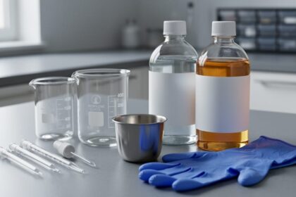 Close-up of a clean workbench with glass beakers, droppers, measuring pipettes, and nitrile gloves used for DIY vape juice mixing, shown without any readable labels.