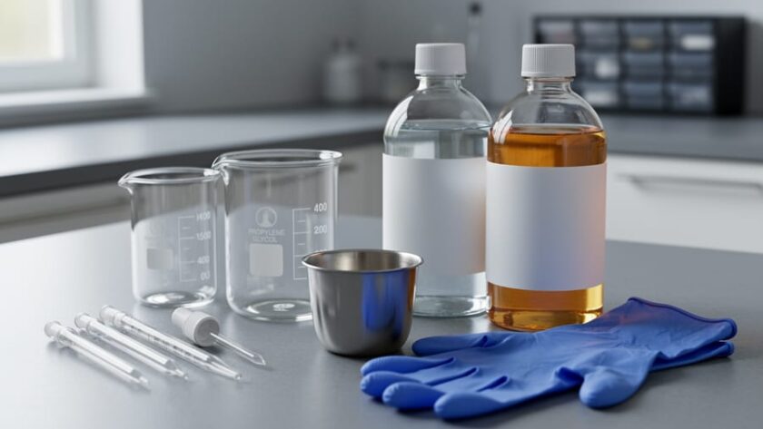 Close-up of a clean workbench with glass beakers, droppers, measuring pipettes, and nitrile gloves used for DIY vape juice mixing, shown without any readable labels.