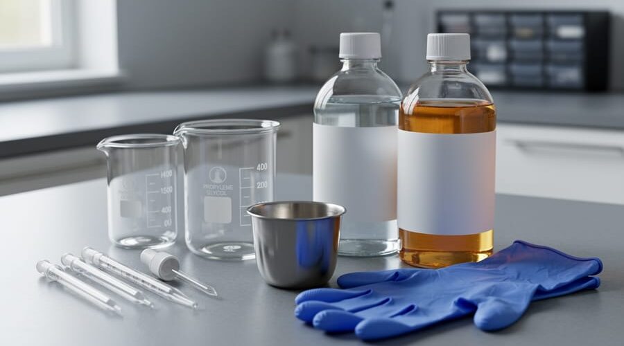 Close-up of a clean workbench with glass beakers, droppers, measuring pipettes, and nitrile gloves used for DIY vape juice mixing, shown without any readable labels.