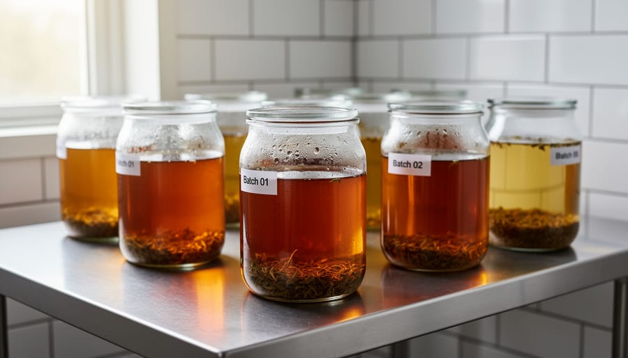 Small sealed amber bottles stored on a shelf in a cool, dark cabinet for steeping vape juice.