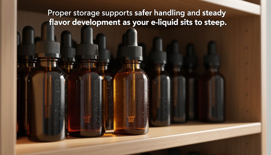 Amber e-liquid bottles stored upright in a cool, dark cabinet for safe keeping and steeping.