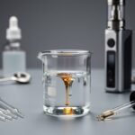 Close-up of a glass beaker with clear liquid, droppers, and measuring pipettes on a clean work surface, with a vape device blurred in the background.