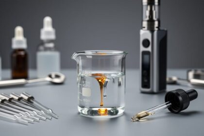 Close-up of a glass beaker with clear liquid, droppers, and measuring pipettes on a clean work surface, with a vape device blurred in the background.