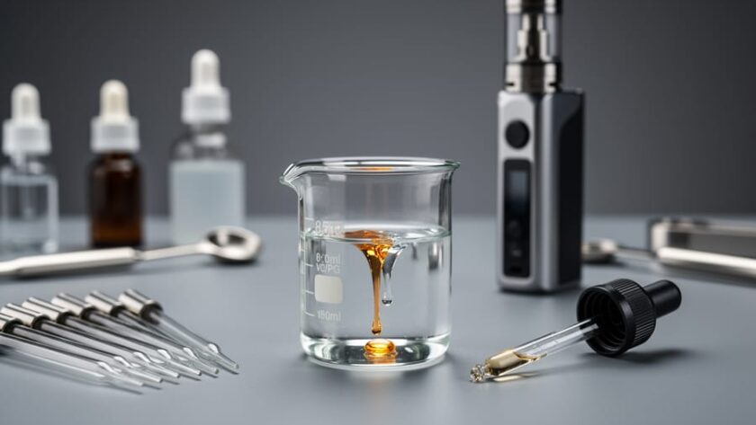 Close-up of a glass beaker with clear liquid, droppers, and measuring pipettes on a clean work surface, with a vape device blurred in the background.