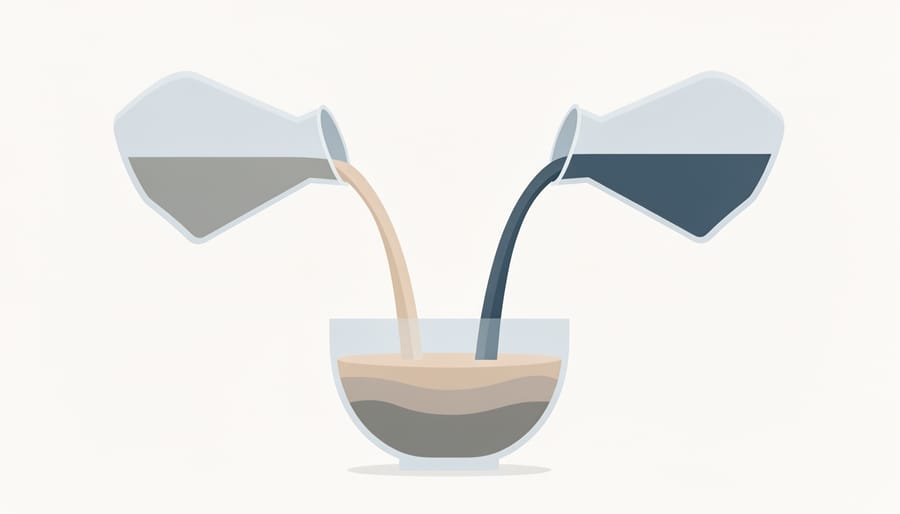 Top-down view of a transparent beaker of mixed e-liquid with swirling motion and magnetic stir bar.