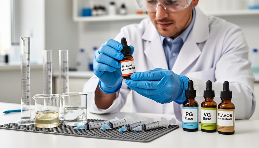 Gloved and goggled person safely handling a nicotine base bottle near a sink.